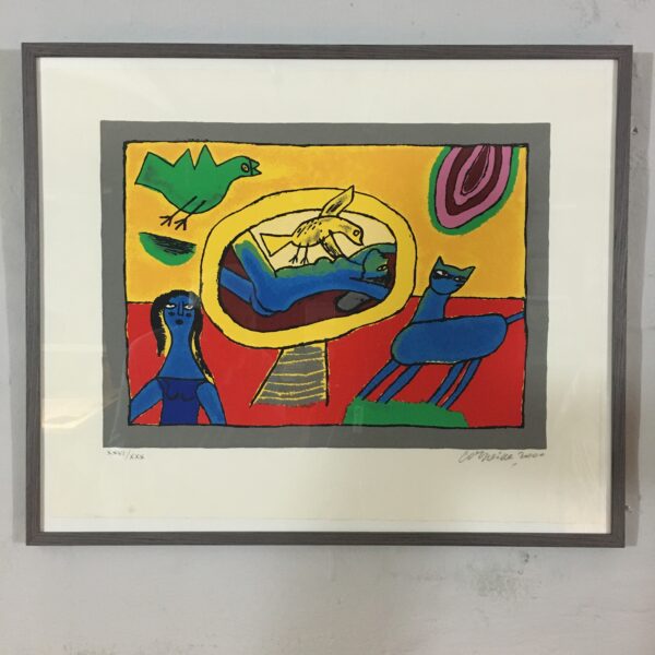 Corneille: ”Fugl, kat og kvinde”. Originalt litografi.